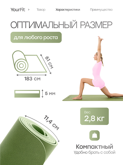 Каучуковый коврик для фитнеса и йоги 5 мм зеленый