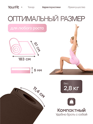 Каучуковый коврик для фитнеса и йоги 5 мм коричневый