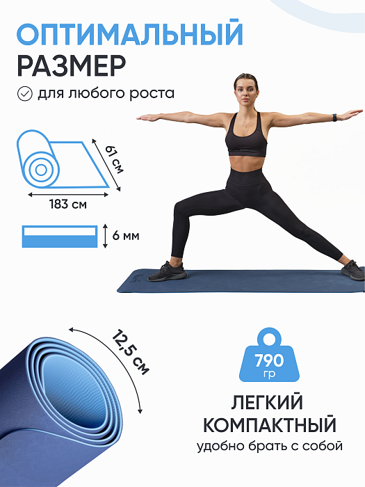 Коврик для йоги и фитнеса TPE 6 мм синий